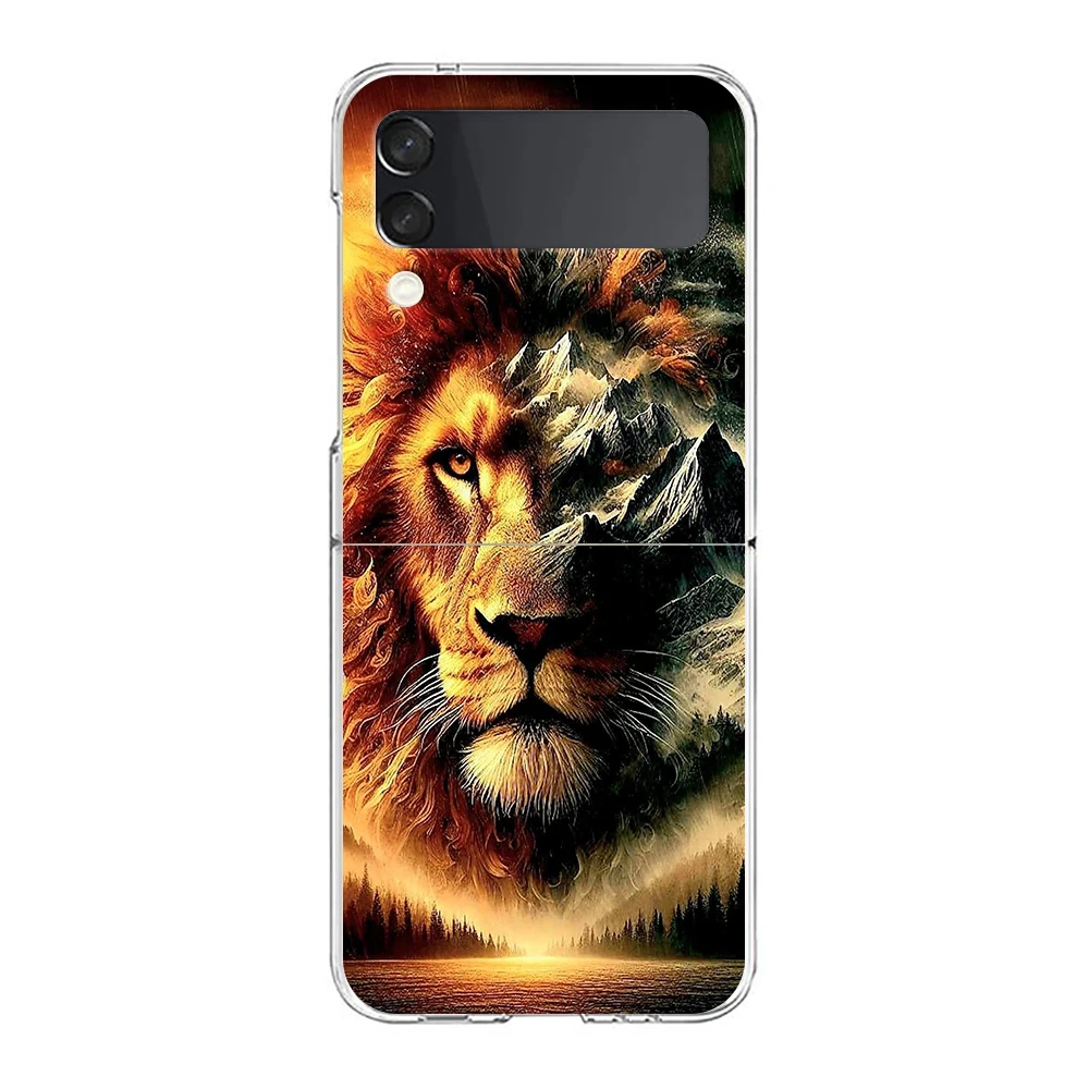Cross Pattern Bicolor Lion Phone Cover For Samsung Galaxy Z Flip 7 6 5 4 Case Transparent For Samsung Z Flip 3 Hard PC Foldable