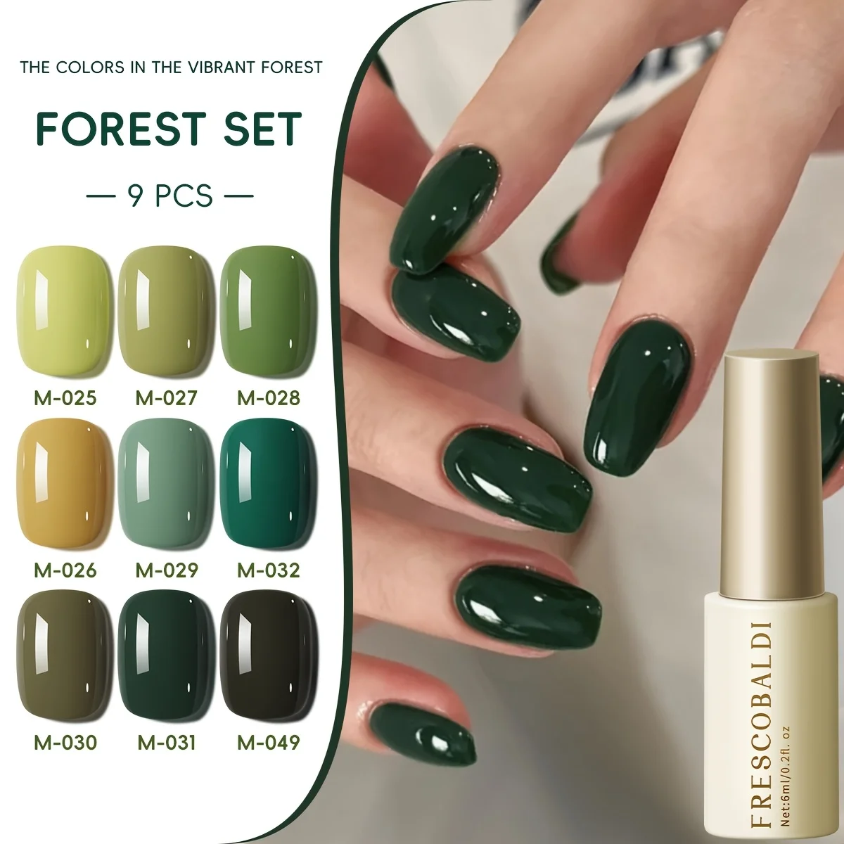 

9pcs 9 color set, 1 --- green, nail polish glue, new spring trending colors: grass green, matcha, green bean, forest green