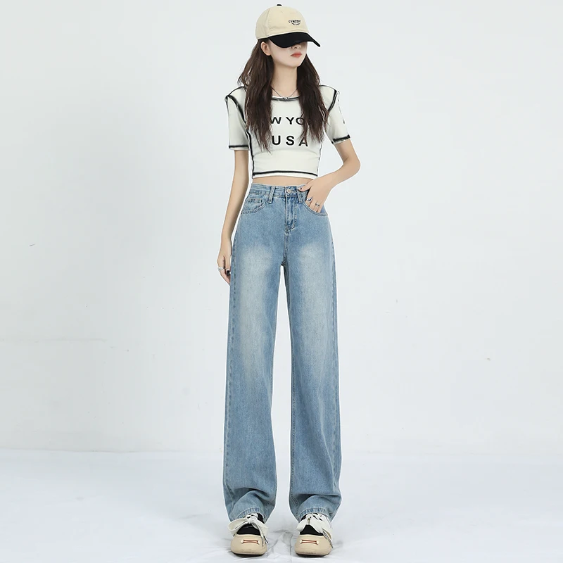 

Повседневные женские джинсы, винтажные прямые джинсовые брюки Y2K, удобная посадка, эластичный пояс, повседневная одежда, модный корейский стиль