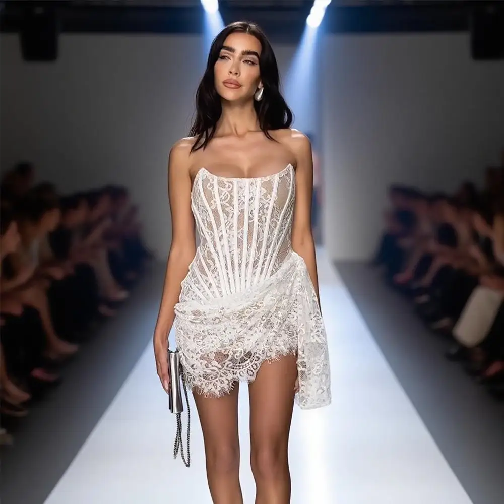 

Sexy Lace Asymmetrical Tube Top Short Skirt Fishbone See-through Waist Dress Women's Clothing Cross-border Mid-waist Sleeveless