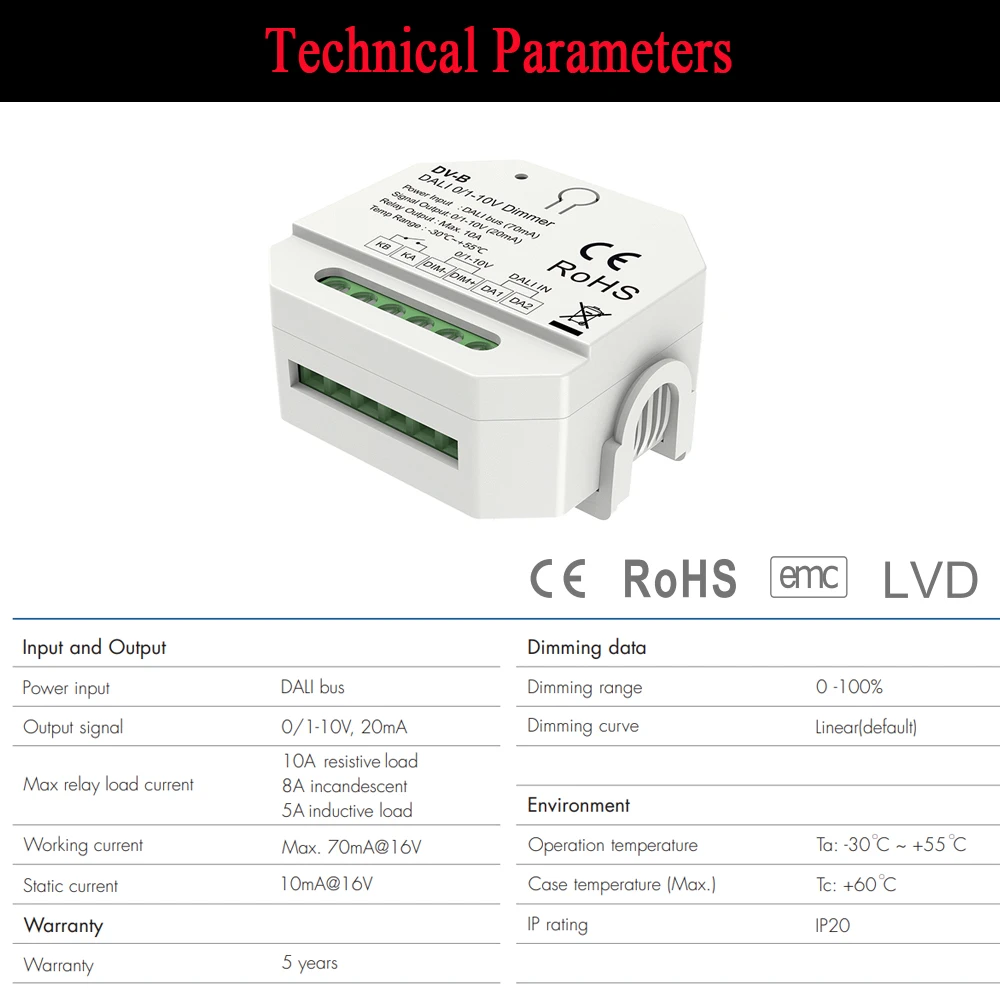 Imagem -02 - Din Rail Mount Dimming Saída de Sinal Cor Única Led Strip Controller Dali Ddt5 ac 100240v 1ch 0v10v 0v-10v