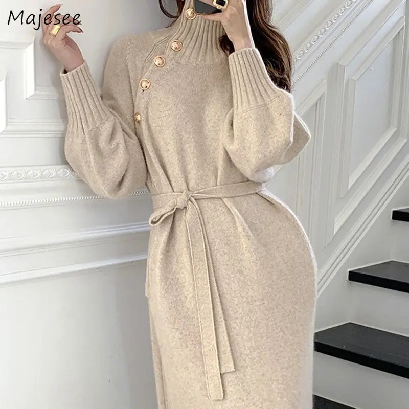 Long Sleeve Dresses Women Turtleneck Chic Pure Color Midi Dress Female Casual Lace-up French Style Fashion Vintage Loose Simple