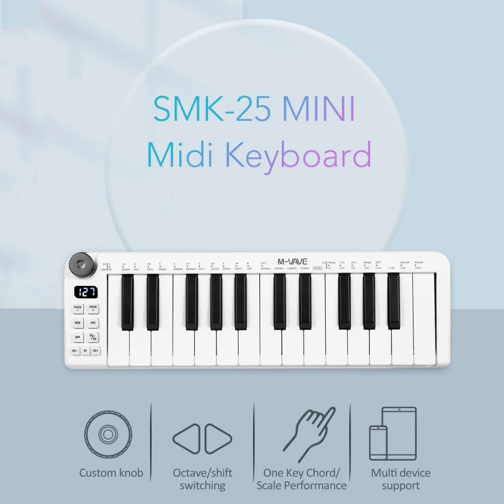 SMK-25mini MIDI Keyboard Rechargeable 25-Key MIDI Control Keyboard Mini Keyboard MIDI Controller with 25 Velocity Sensitive Keys