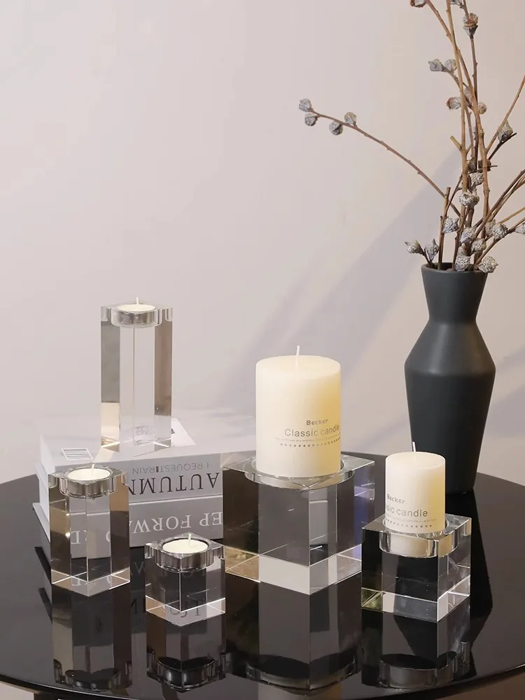 Square Block Crystal Glass Candle Holder, Clear Geometric Candlestick for Tea Light & Pillar Candle Modern Home Table Decor