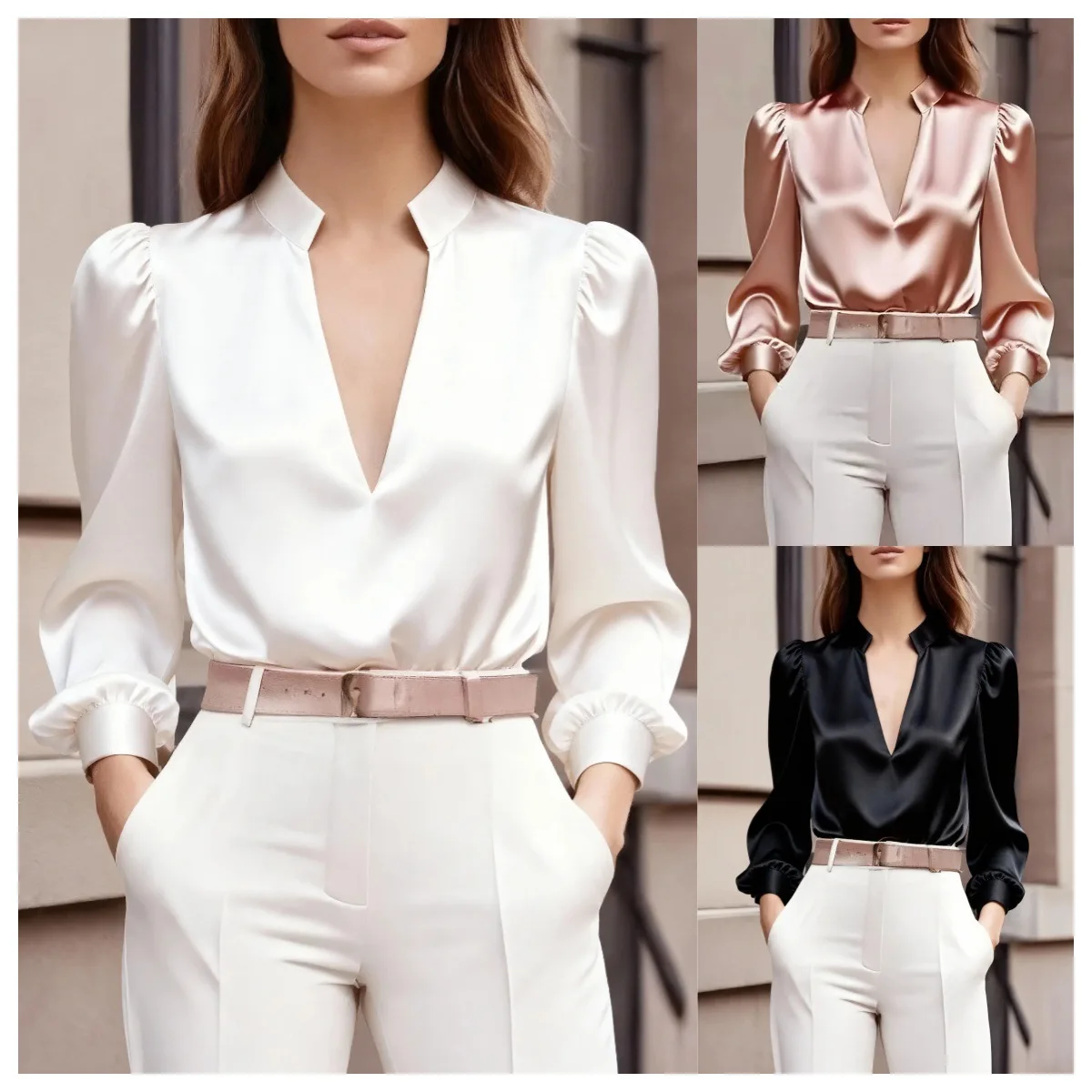 Camicette da donna Nuovo stile francese elegante scollo a V in raso con sbuffo a maniche lunghe Solido allentato formale Offlce Camicie Top per abbigliamento donna