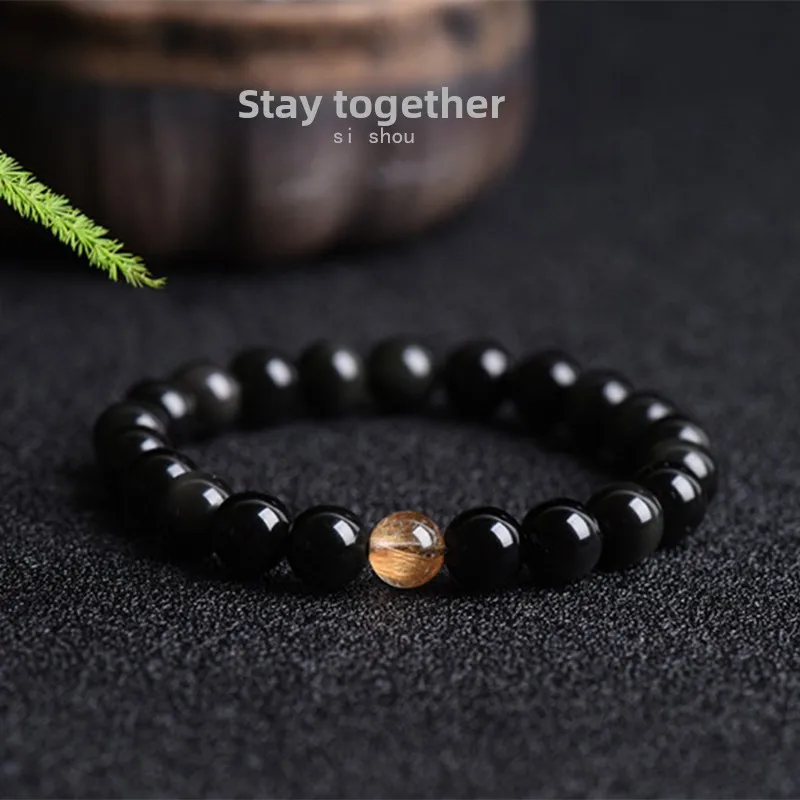 Chinese Style Lucky Blessing Natural Obsidian 8.5mm Single Loop Bracelet With Golden Rutilated Quartz Bead Unisex Attract Wealth