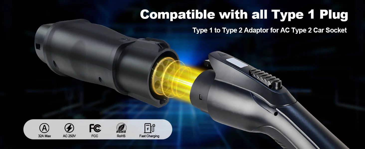 Kolanky EV-Ladegerät-Adapter, 32 A, 7,2 kW, SAE, J1772-Stecker, Typ 1, auf Typ 2, Steckdosenkonverter für Elektrofahrzeuge, Ladeautos – Detail 2