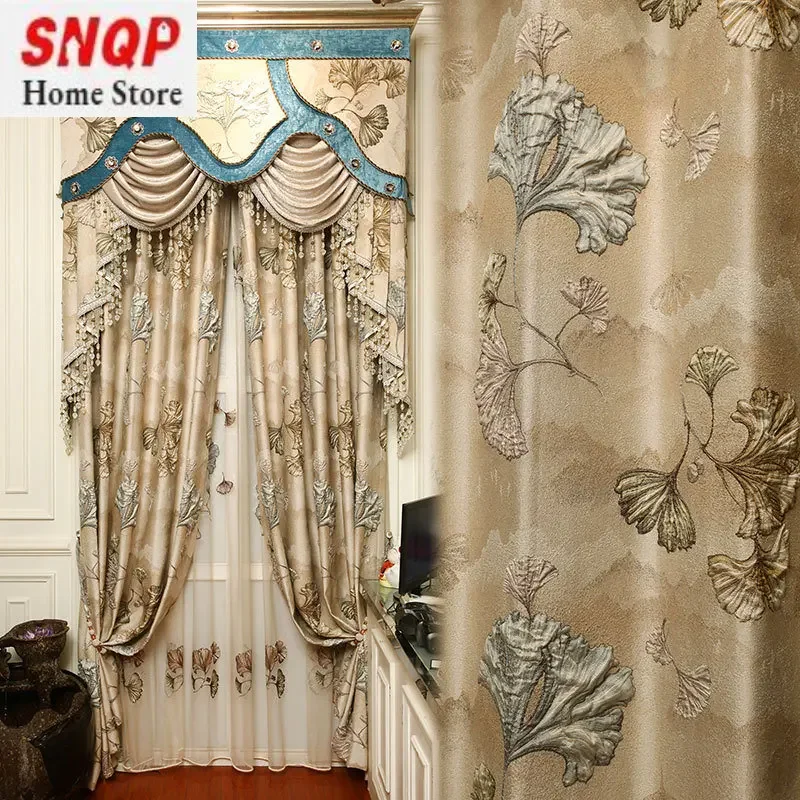 

High-precision 4D large relief curtains High-end guest dining room bedroom luxury European-style curtains finished ginkgo leaf