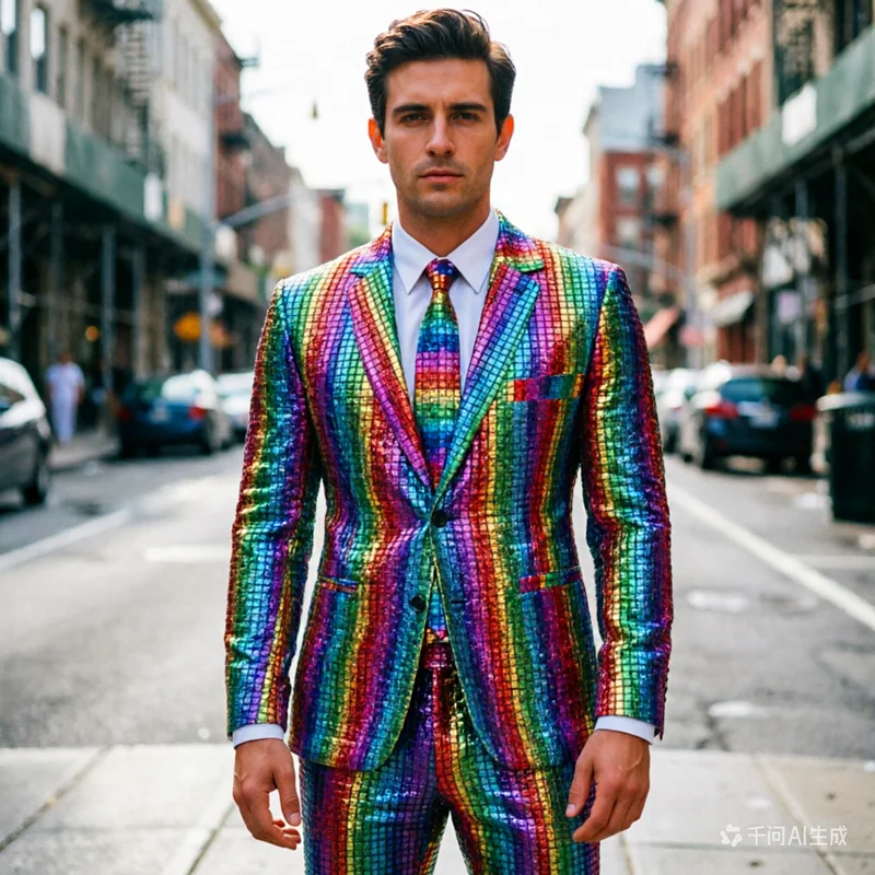 

Мужской костюм-двойка с радужными полосками, уникальный и привлекательный, идеально подходит для модных показов и является незаменимым элементом гардероба для стильных мужчин.