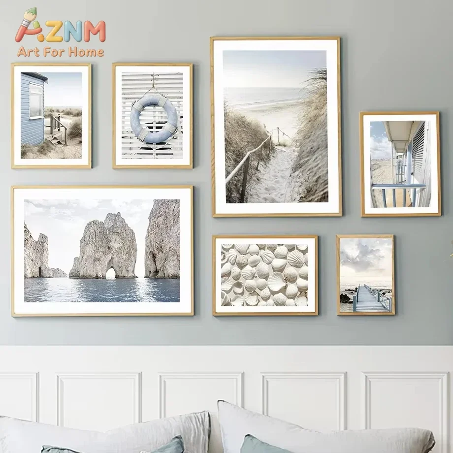 Ocean-Themed Wall Art Canvas Beach Hut Bridge Reed Starfish Conch Coral Artwork for Living Room Decor Beach Scene Posters Prints