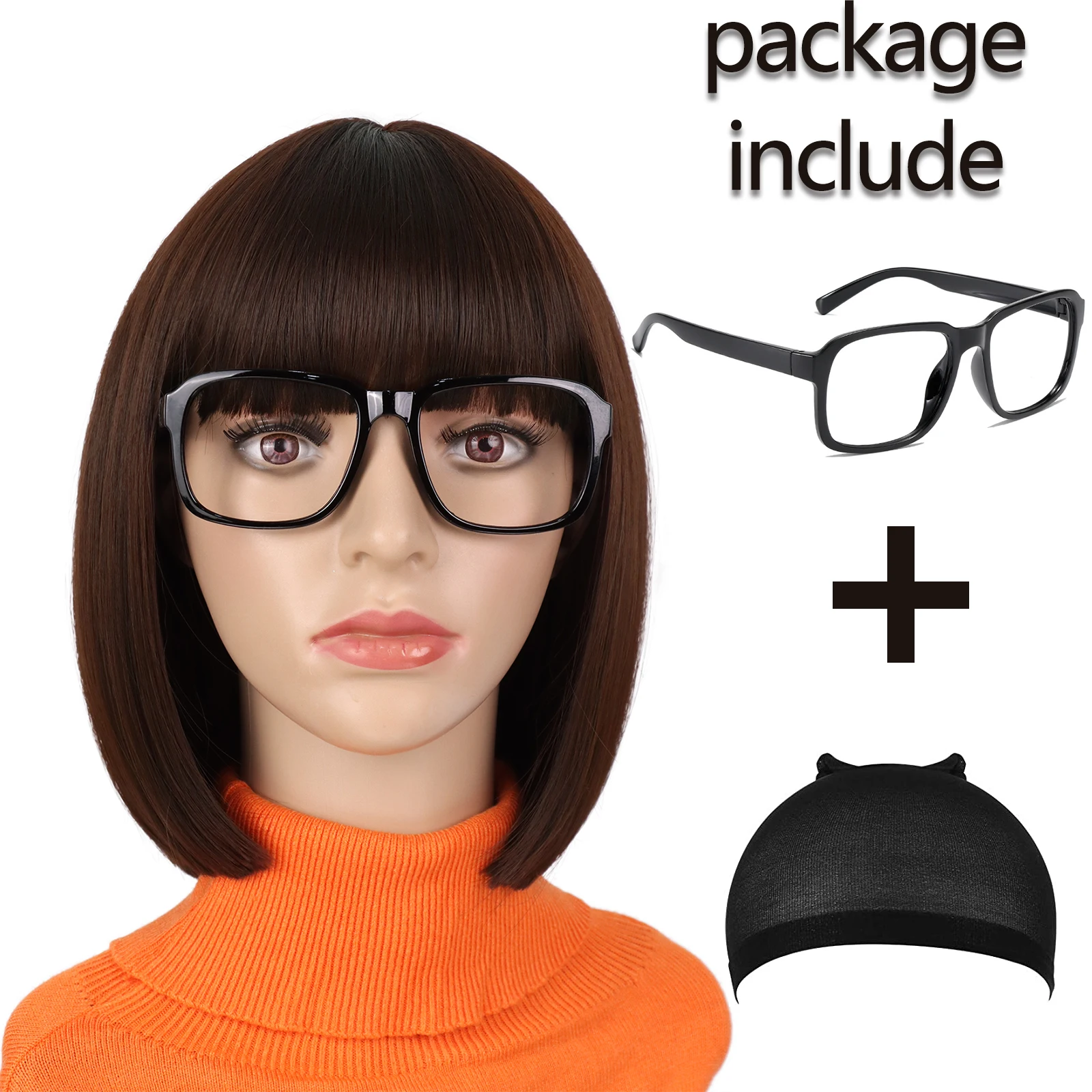 Synthetic Straight Bob Wig with Bangs Costume Brown Machine Made Fiber for Women Girl Cospaly Velma Daily Party Halloween Use