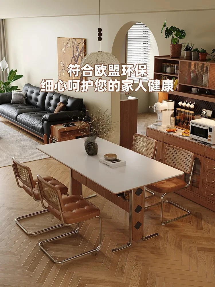 طاولة طعام ذات بلاطة صخرية فرنسية بتصميم مستطيل منزلي من الخشب الصلب من الفولاذ المقاوم للصدأ وطاولة طعام باوهاوس #3