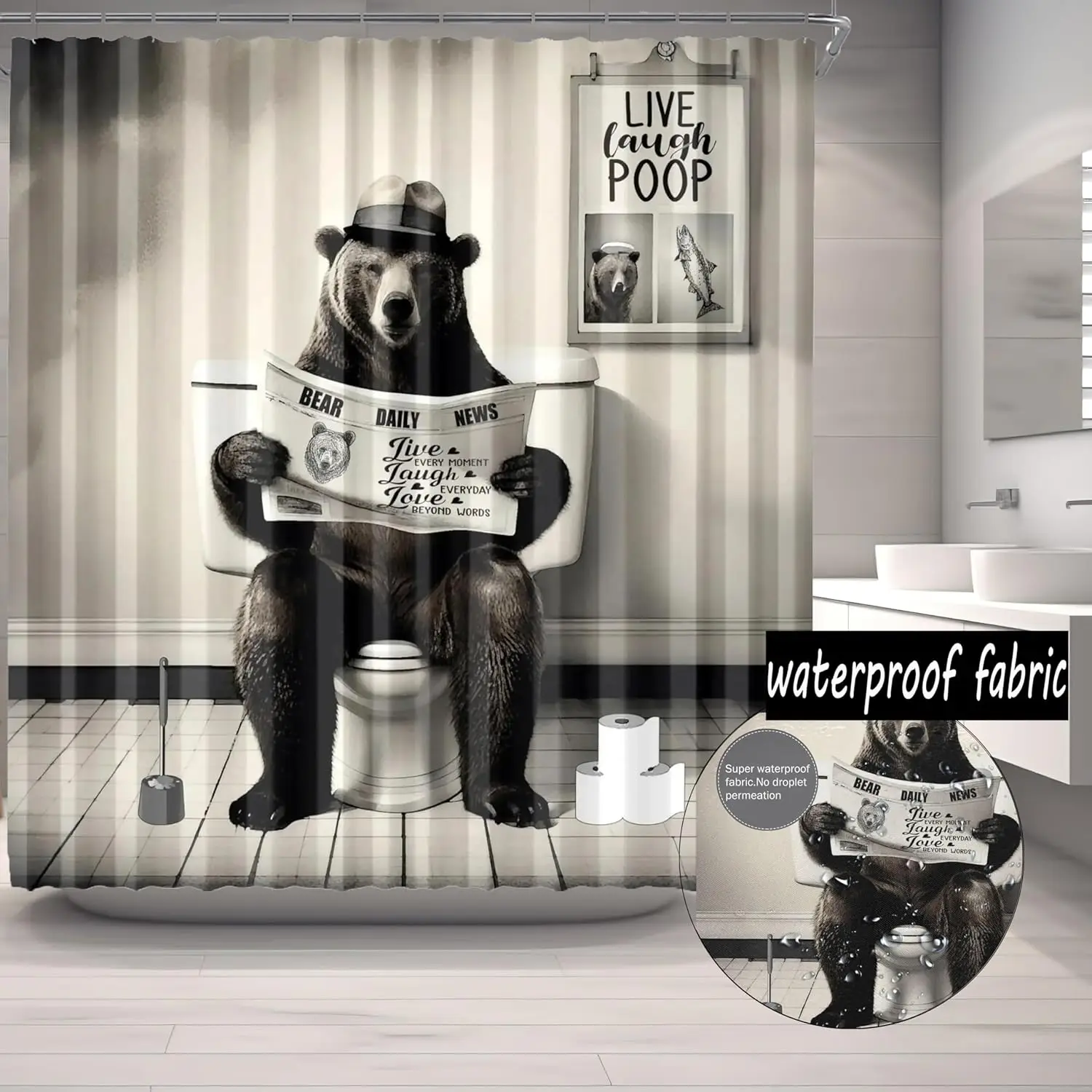 Funny Husky Shower Curtain Humor Husky Animal Sitting on Toilet Reading Newspaper Shower Curtains  Shower Curtain for Bathroom