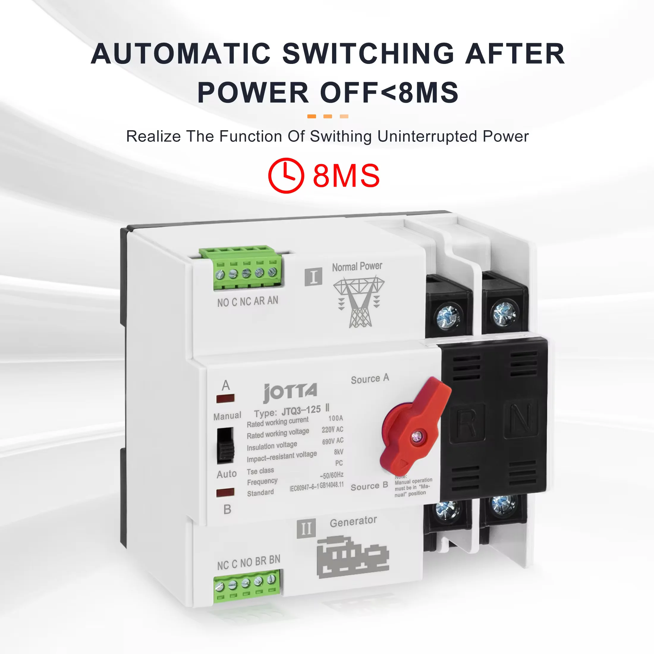 Jotta W2R-2P/3P/4P  125A 220V 50/60Hz Mini ATS Automatic Transfer Switch Electrical Selector Switches Dual Power Switch