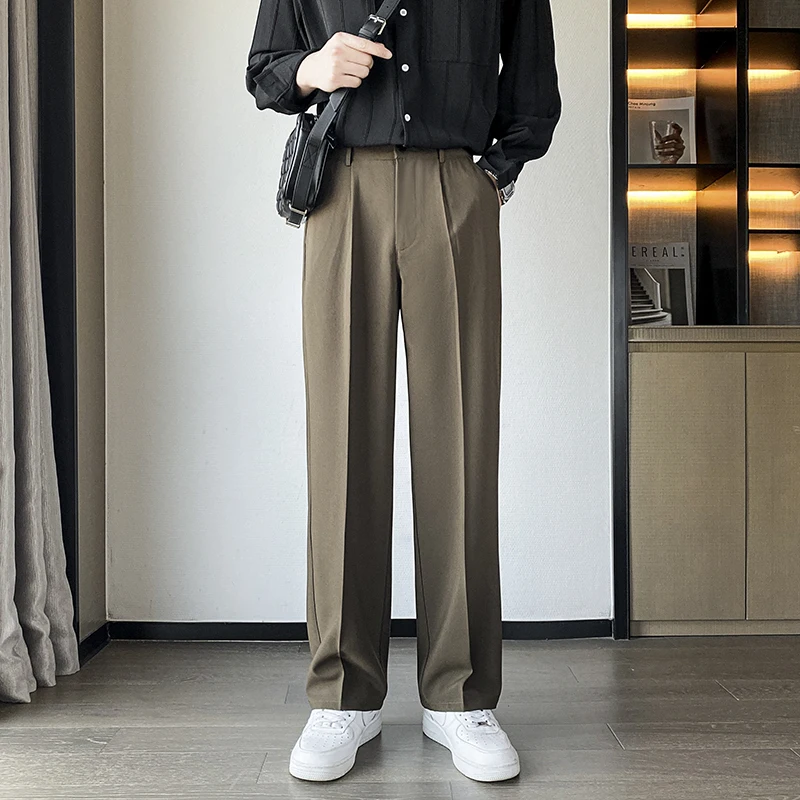 Spring Summer Men Suit Pants Wide Leg Long Drape Trousers Fashion Streetwear Clothing Solid Stretch Waist Oversize Pants Black