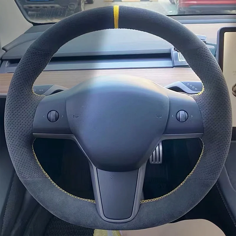 DIY araba için direksiyon kılıfı kaymaz delikli süet deri Tesla modeli 3 2015-2020 Model Y 2019 2020 araba aksesuarları