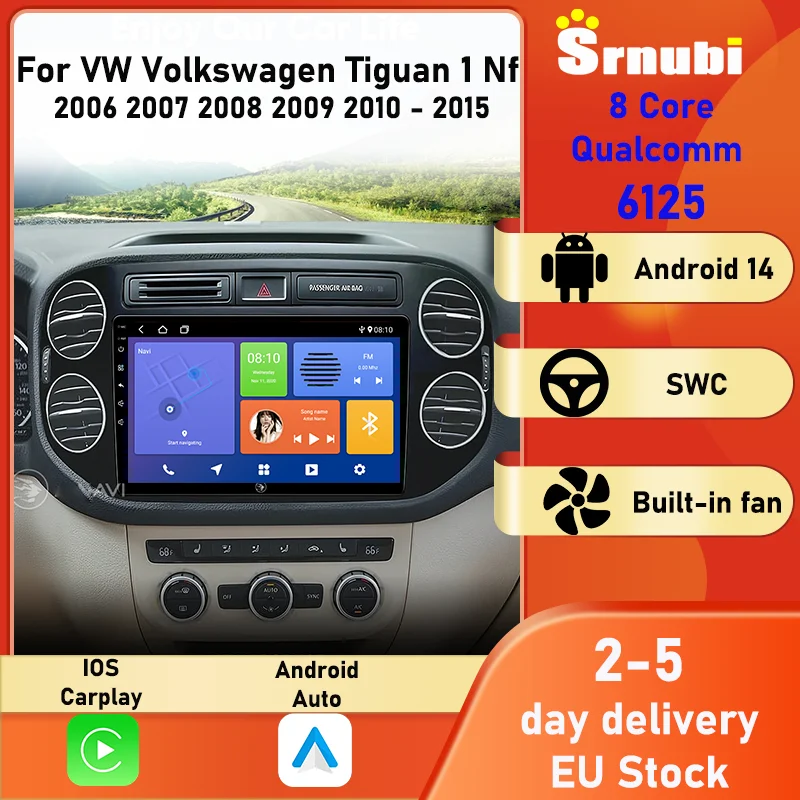 Autoradio de navigation GPS 9 pouces, Carplay, Android Auto, pour VW Volkswagen Tiguan 1 Nf 2006 2007 2008 2009 2010-2015, Srnubi, unité principale multimédia 2 Din, écran tactile, WIFI