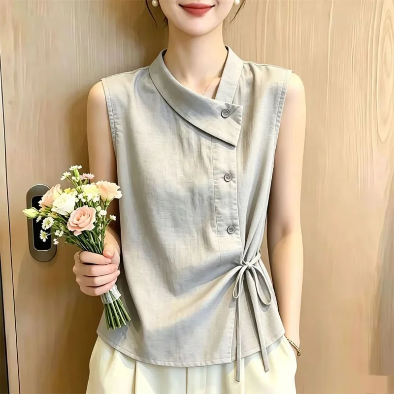 2026 Summer Solid Color Design Fashion Ladies Vest Loose Casual Sleeveless Lady Elegant Vest Lace Up Women's Vest Coat