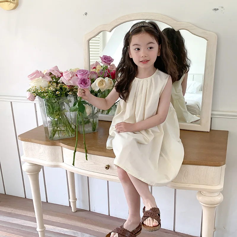 Solid Girls Dress 2024 Korea Kids Wear Fower Girl Dresses For Weddings Girls' Sleeveless Tank Top Dress Princess Dress