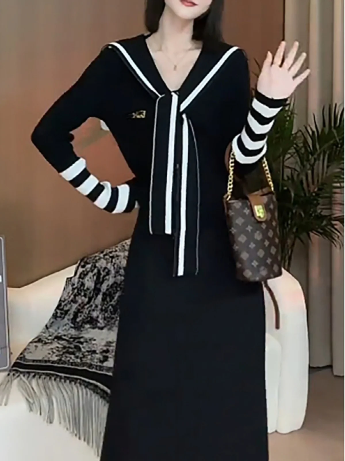 Cseta ajustada de punto de manga larga con cuello azul marino para mujer, Top a rayas que cubre el vientre, talla ande, ...