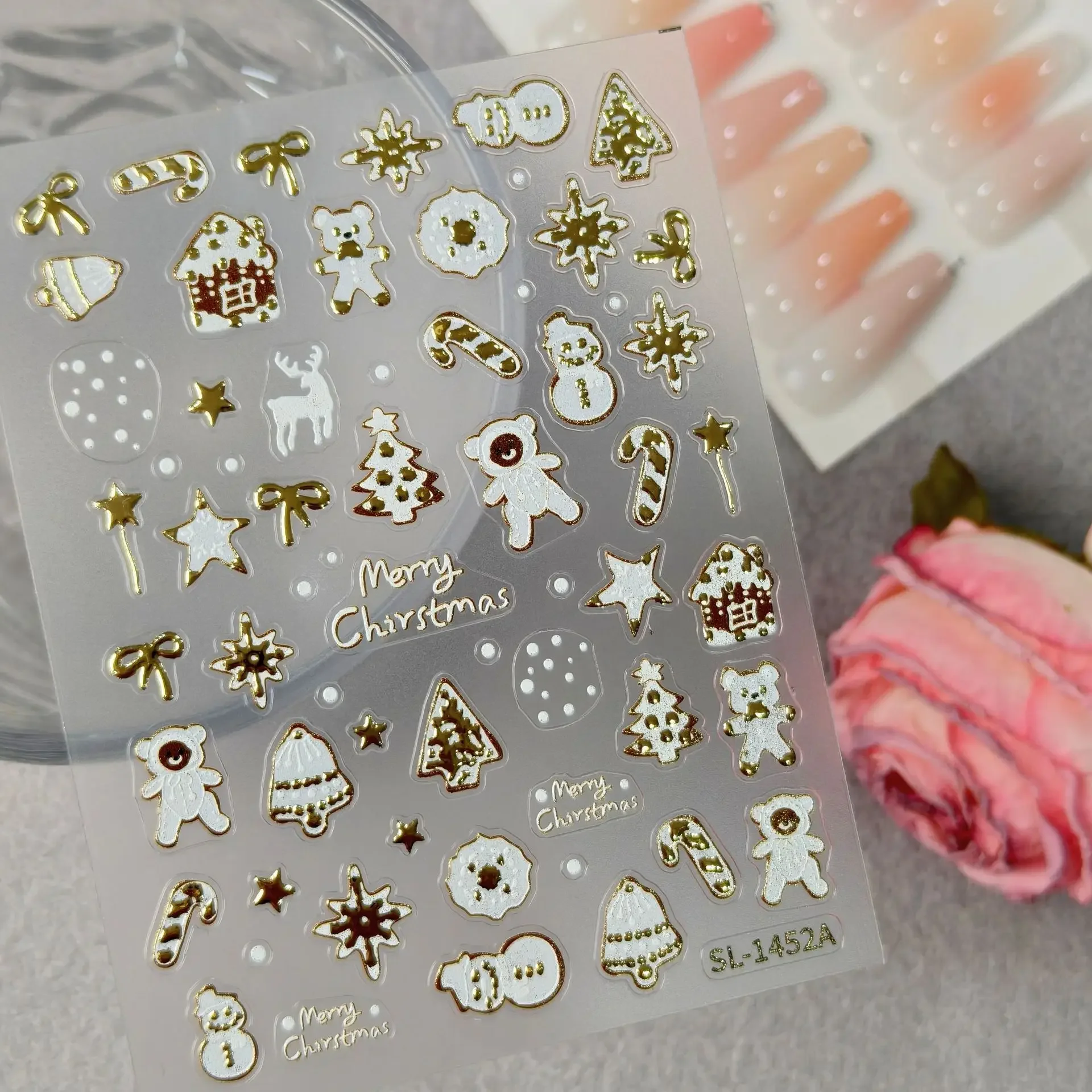 1 Set Ins Christmas Nail Stickers Gold Foil Snowman Gingerbread House Self Adhesive DIY Nail Art Decor
