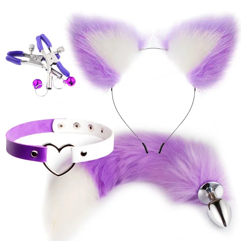 Lindo cola de zorro Anal Plug orejas de gato diademas conjunto pezón Clip cuello erótico Cosplay juguetes sexuales para mujeres