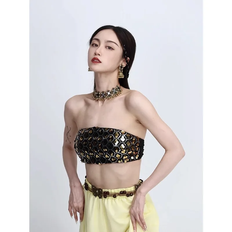 customized belly dance costumes clothes performance suit shiny strapless with chest cushion hip cloth and double layered pants
