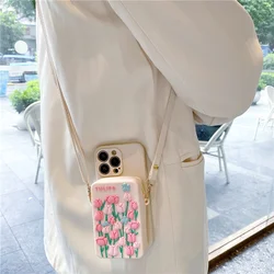 Tulips Flower Zipper Wallet Holder Phone Case For iPhone 15 14 12 13 11 Pro XR X XS Max mini 6 6s 7 8 Plus SE Cover With Strap