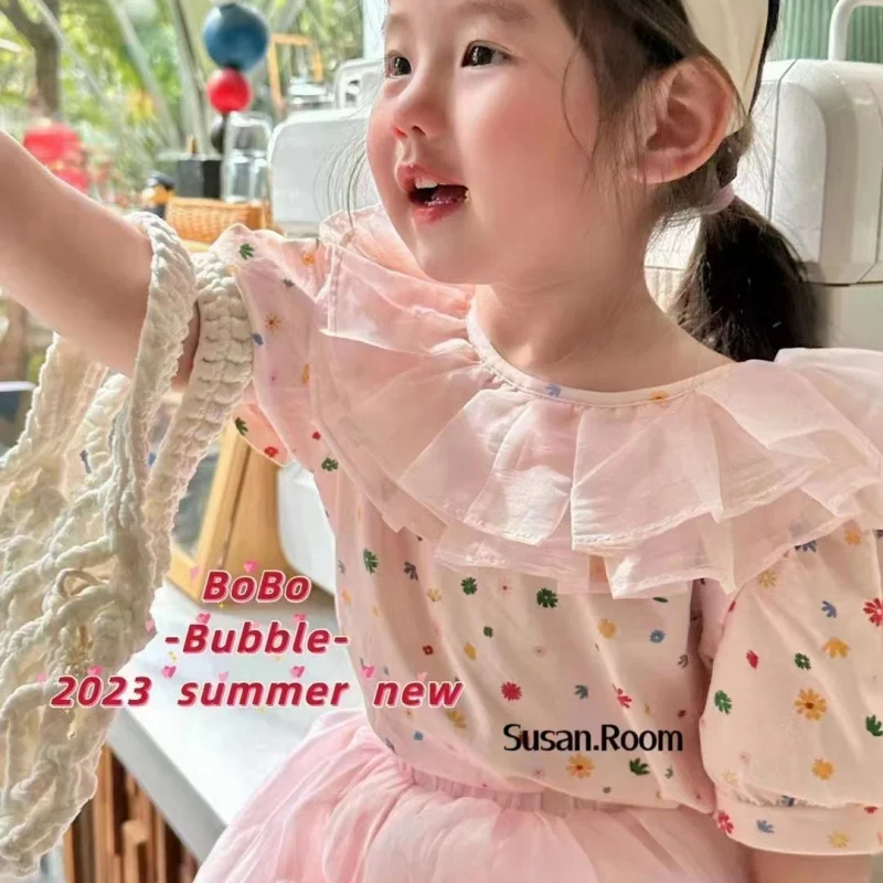 

Girls SummerTT-shirt New Western Style Children's Floral Gauze Ruffled Collar All-Matching Top Online Celebrity-KXKM