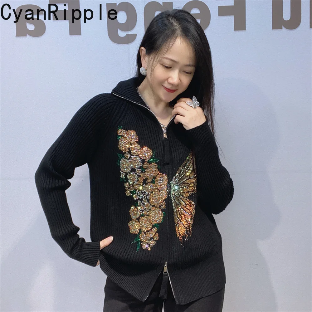 2026 New Autumn Winter Stand Collar Zip Cardigans Top Hot Diamonds Butterfly Long Sleeve Knitted Shirts All-match Women Sweaters