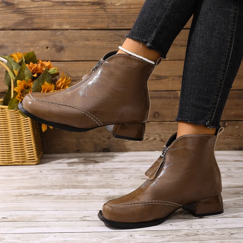 أحذية نسائية كلاسيكية للكاحل رفيعة، خريف/شتاء، جلد ناعم، كعب مكتنز أنيق، أحذية قصيرة على الموضة الحديثة