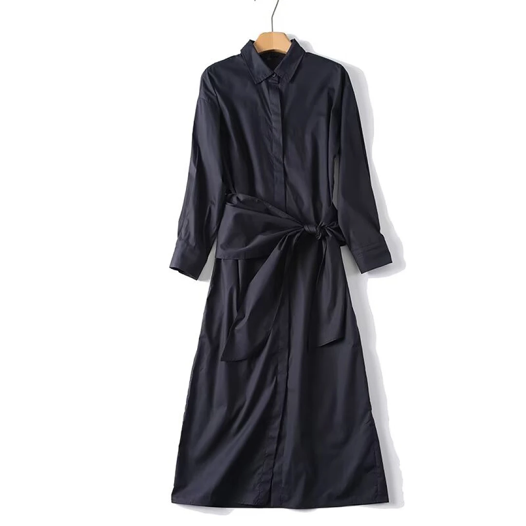 Maxdutti Minimalist French Commuter Casual Cotton Midi Dress Loose Navy Blue Shirt Style Dress Women's Casual Dresses Female