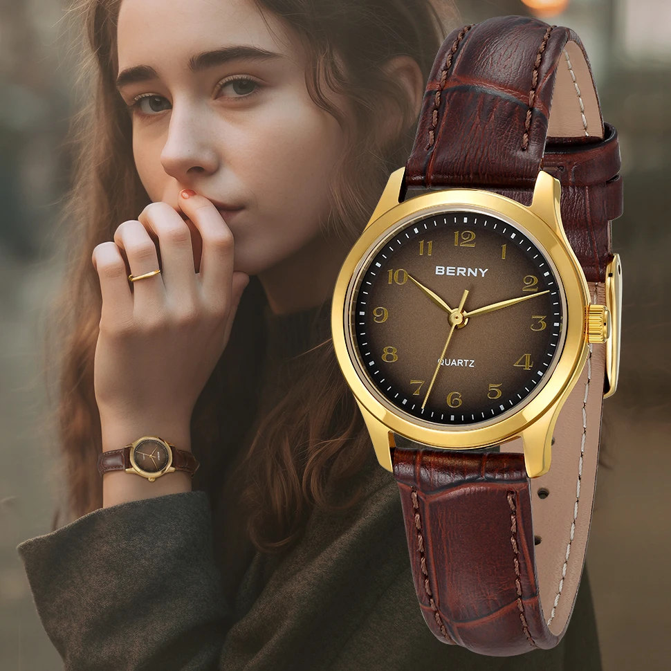 BERNY Gold Watch for Women Luxury Ladies Fashion Quartz Wristwatch Elegant Gradient Dial Multiple Scenarios Matching Lady Watch