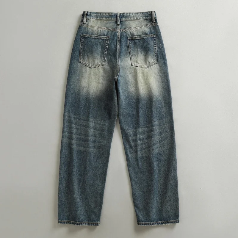 Vintage Men's Jeans in Faded Colors, Korean Style, High Street, Loose, Straight, Wide, Versatile, Casual, Daily Wear