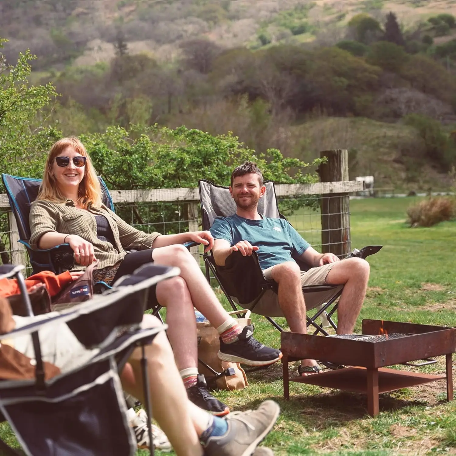 Oversized Rocking Camping Chair, Padded Outdoor Recliner with Pocket & Headrest, Heavy Duty 300 LBS