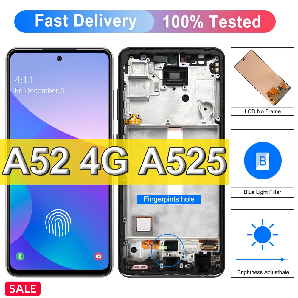 For Samsung A52 4G SM-A525F A525F/DS Display with Frame Touch Screen with Fingerprint For Samsung A52 LCD Display Replacement