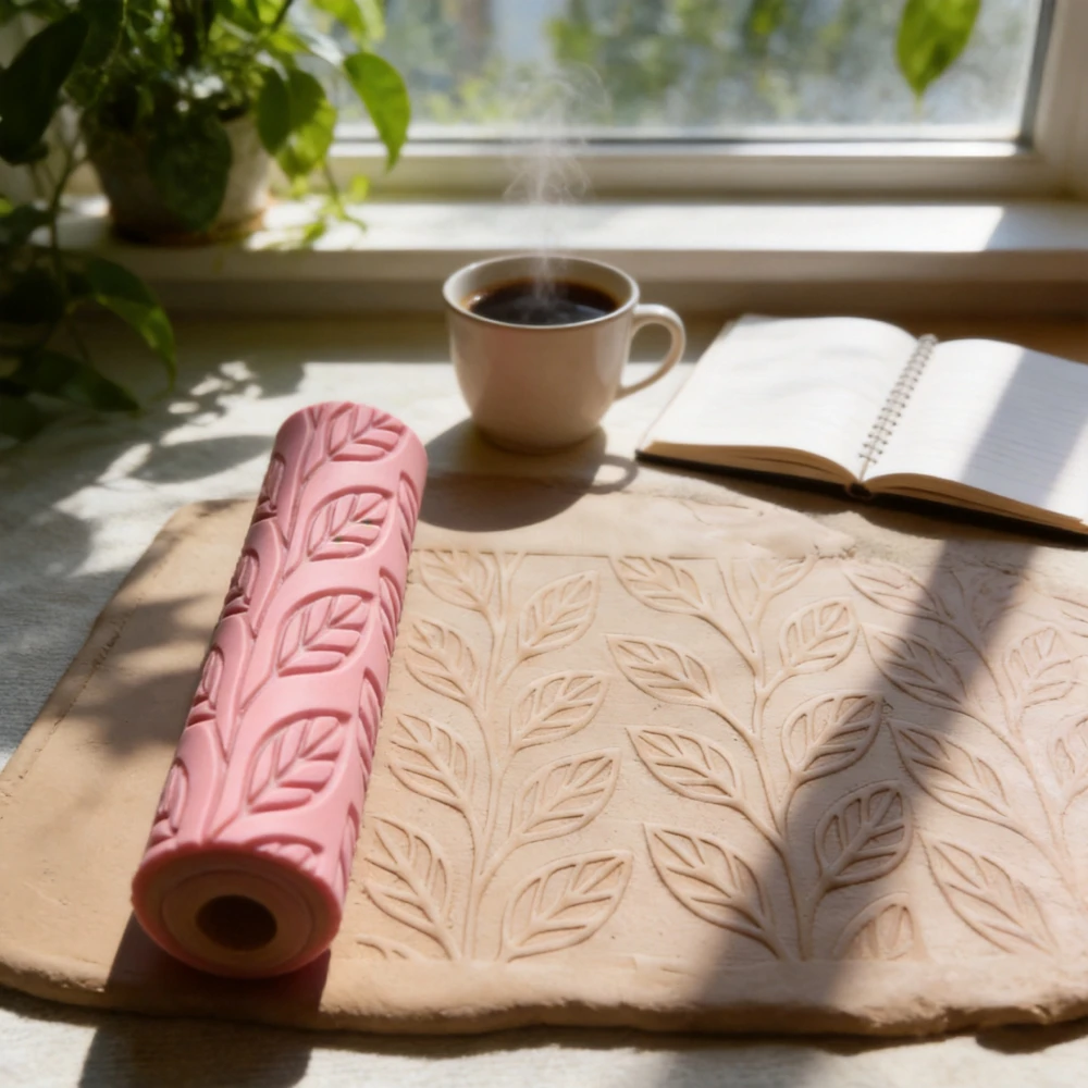 DIY Pottery Craft Double Vine Pattern Clay Relief Texture Roller Rolling Pin Tool for Polymer Clay Ceramic Art Fondant Cooking