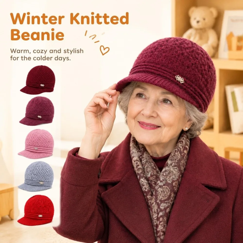 Classic Thickened Knit Mom Grandma Knitted Hat Soft Stretch Warm Yarn Hat Wind Resistant Fleece Lined Hat Elder Women