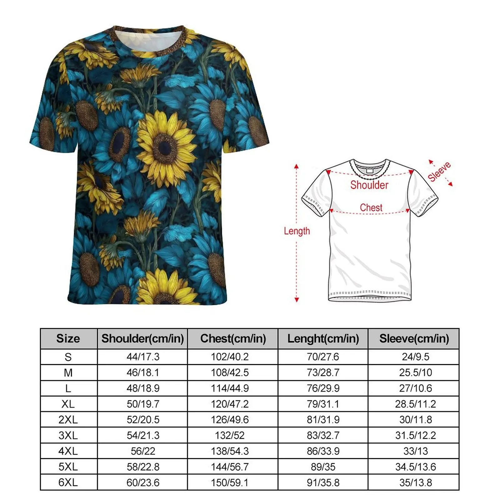 Sunflower Hawaiian Flower Vintage Print T-Shirt Harajuku T Shirts Man Tshirt Summer Short Sleeve Design Top Tees Plus Size