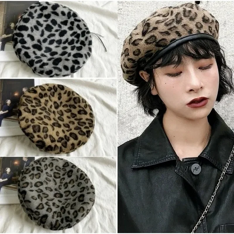 Korean Style Personality Fashionable Leopard Beret Female Autumn and Winter Retro Woolen Pumpkin Hat Casual Painter Hats