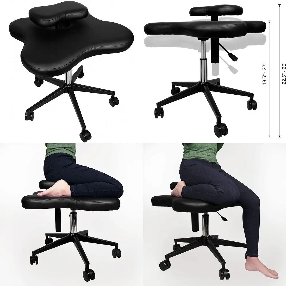 Adjustable Kneeling Chair Ergonomic Posture Corrective Seat with Faux Leather Knee Cushion for Home Office Black
