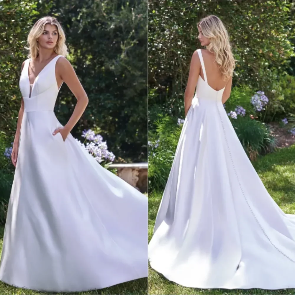 Vestidos simples de cetim com decote em v para mulheres, vestidos de noiva sem mangas, cinto elegante, personalizado, novo, 2024