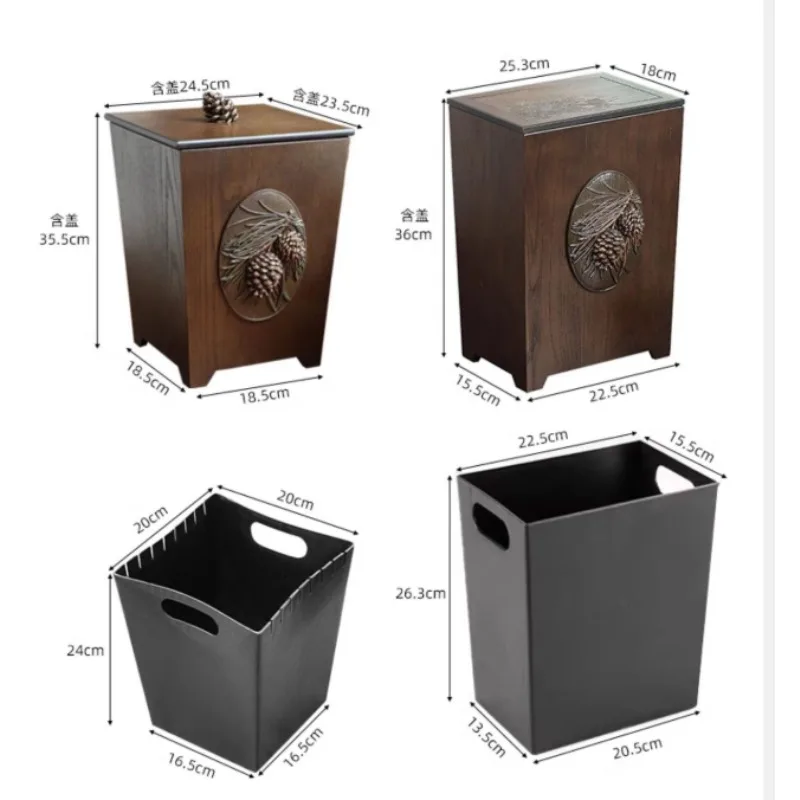 Solid Wood Trash Can Swing Top Lid Waterproof Inner Bucket Pine Cone Carved Decorative Waste Basket for Tea Room Home