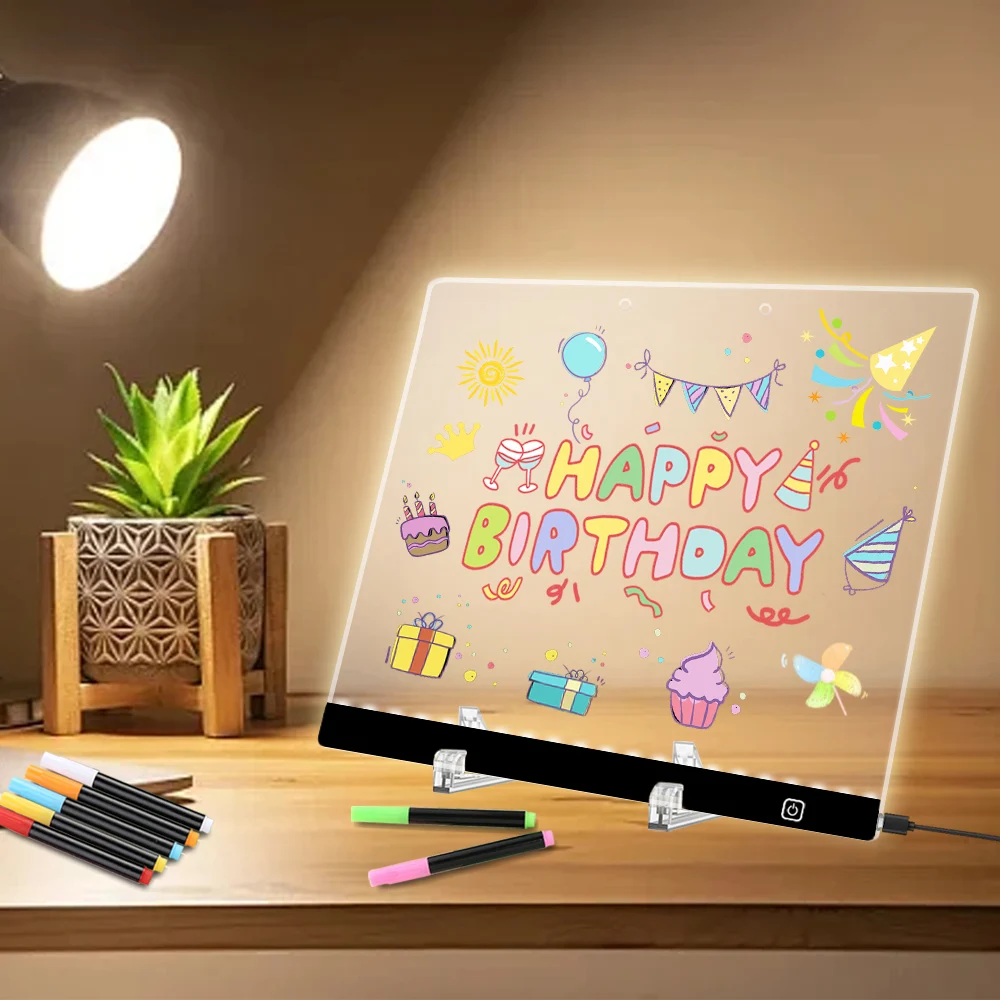 13.77 "x 9.84" - Planche à dessin lumineuse transparente en acrylique, planche magique LED pour mémo effaçable à lueur, avec stylo marqueur de 7 couleurs et support