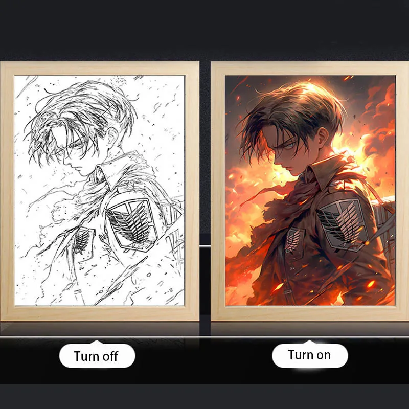 Anime Aanval Op Titan Led Light Painting Levi Ackerman/Eren Nachtverlichting Cartoon Mikasa Frame Schilderij Speelgoedtafel Decor Lamp Cadeau