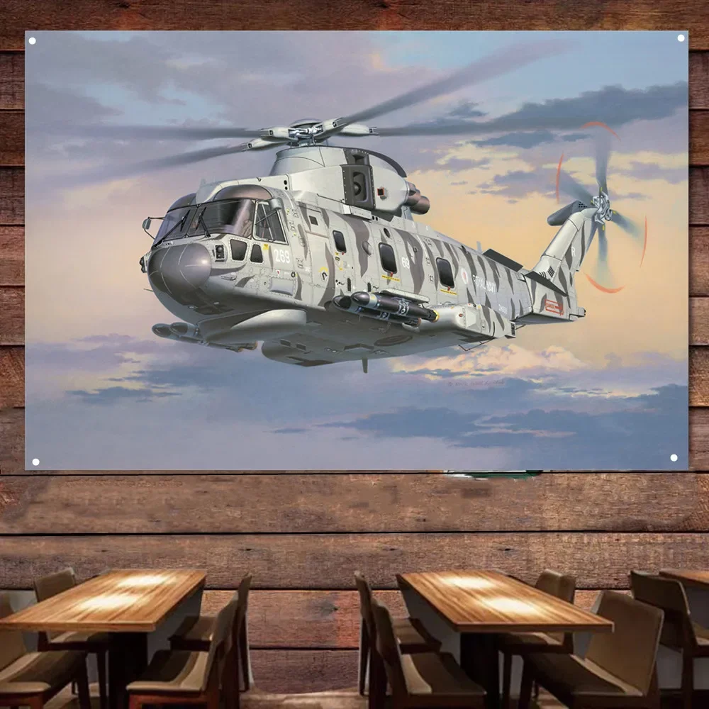 

EH-101 Merlin Attack Helicopter Wall Art Flag Tapestry - Aviation Military Art Posters Wall Decor Banner Gift for Army Fans