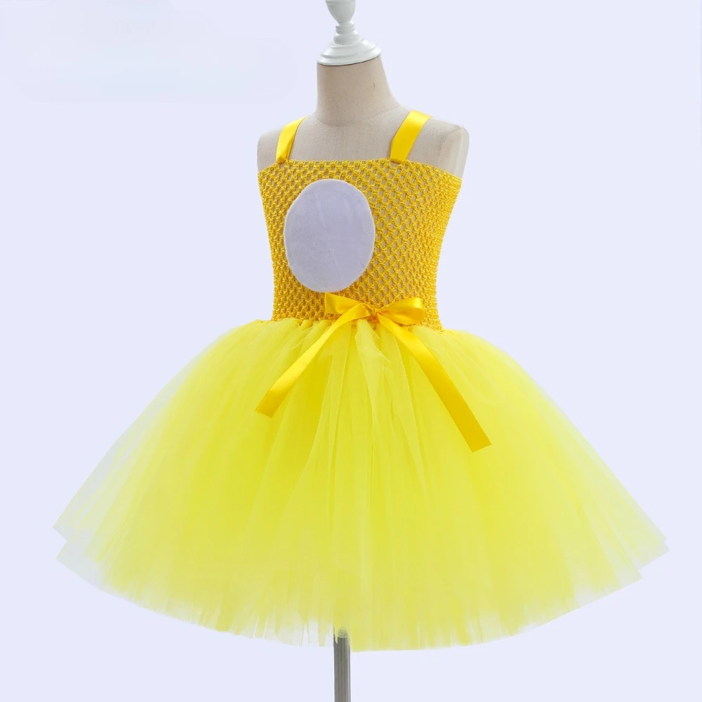 Cartoon Cute Yellow Chick Girls Tulle Puffy Dress With Same Themed Headband Outfit Kids Holiday Party Stage Performance Dress Up