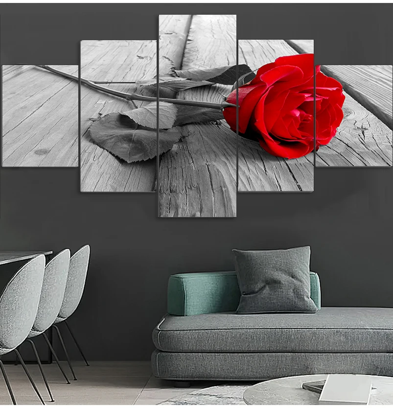 HD Home Decoration Canvas Pictures Living Room Modern 5 Panel Red Rose Flowers Printed Painting Wall Art Modular Poster Frame