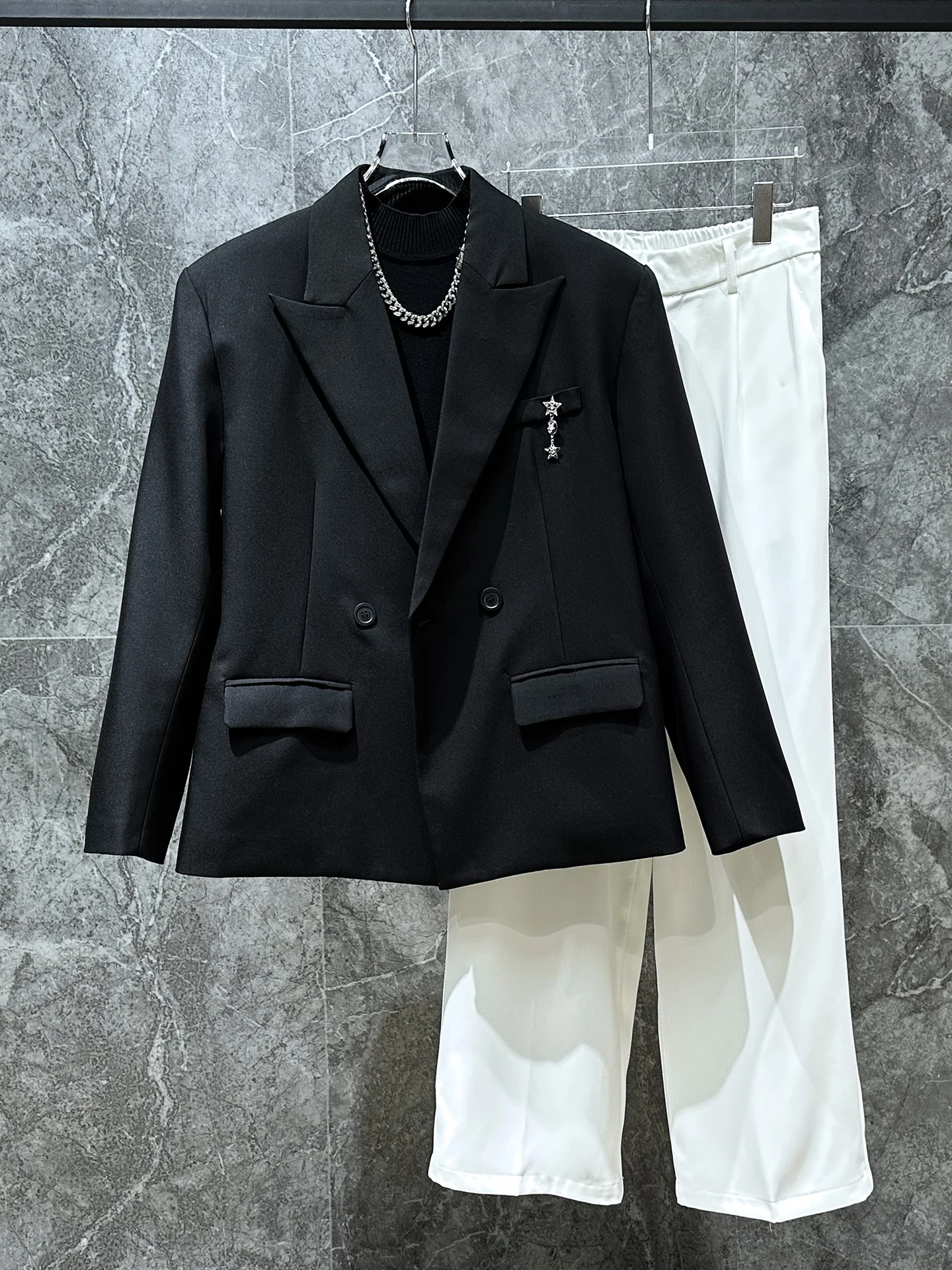 

Men's Faionable oulder Padded Suit Jaet Loose Casual Double Row Button Sle Spring Autumn Wear Pure Color Long Sve