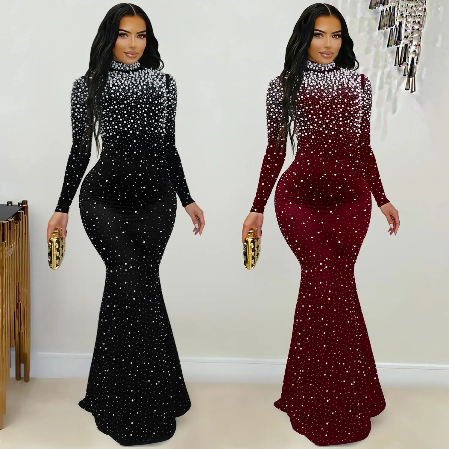 

Sexy Nightclub Party Dance Gathering Club Banquet Solid Color Elegant High Neck Rhinestone Beaded Bodycon Dress